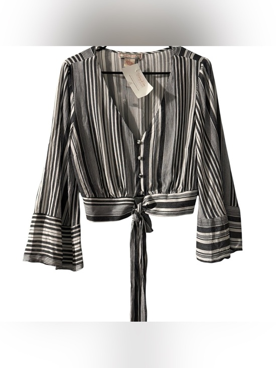 Flying Tomato Tops - Flying Tomato Black & White Striped Tie Front Bell Sleeve Crop Top NWT
